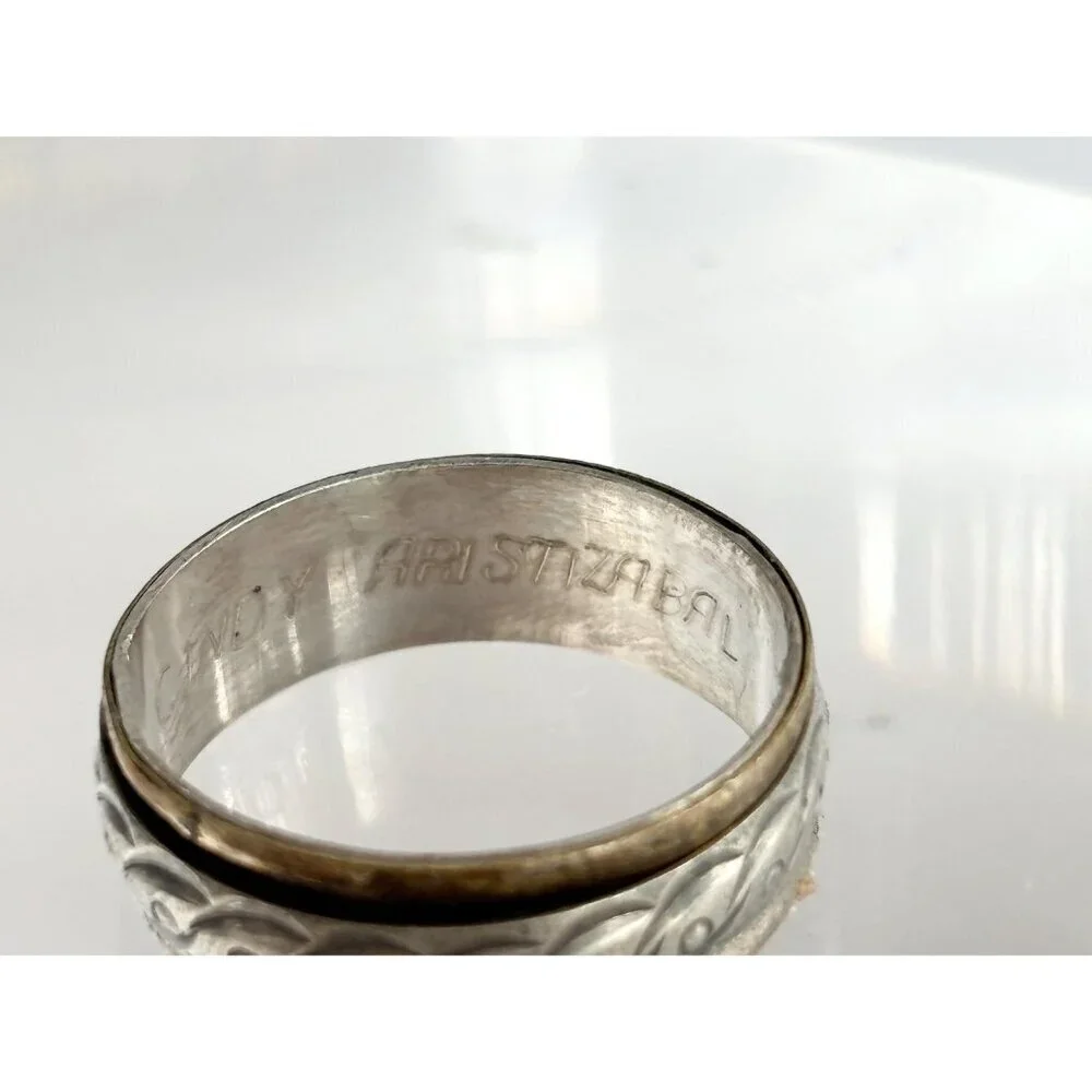 Dual Toned Hand Carved Spinner 925 Sterling Silver Vintage Ring - sz 10.5